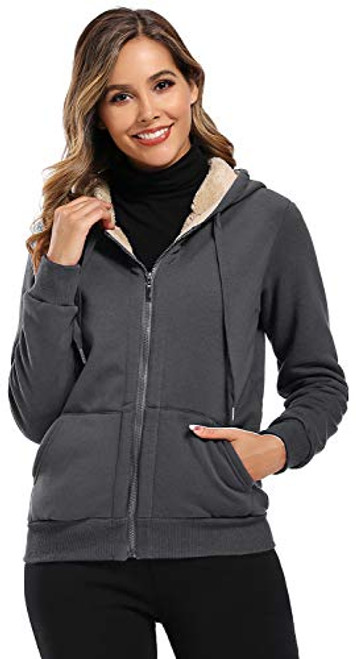 Obosoyo Womens Casual Winter Warm Sherpa Lined Thick Zip Up Hooded Sweatshirt Jacket Coat Darkgrey L