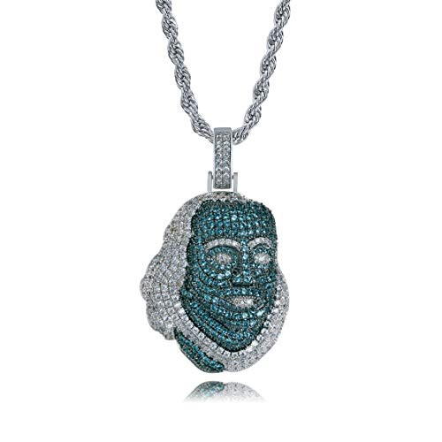JINAO 18K White Gold Plated Iced Out Cubic Zirconia Heroes in History Ben Franklin Blueface Pendant Necklace with Rope Chain JINAO 18K White Gold Plated Iced Out Cubic Zirconia Heroes in History Ben Franklin Blueface Pendant Necklace with Rope Chain