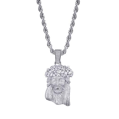 TOPGRILLZ Solid Gold Plated Iced Out Big Baguette Diamonds Jesus Piece Pendant Necklace Chain for Men Hip Hop White Gold