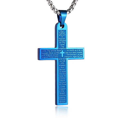 HZMAN Stainless Steel Mens Womens Cross Necklace Lords Prayer Pendant 3 Colors Available Blue