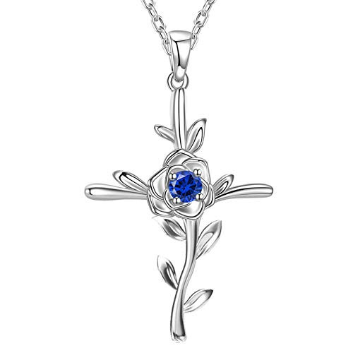 Blue Sapphire Necklace for Wife Birthday Gifts Love Rose Jewelry Women Sterling Silver Hope Leaves Pendant Necklace for Her