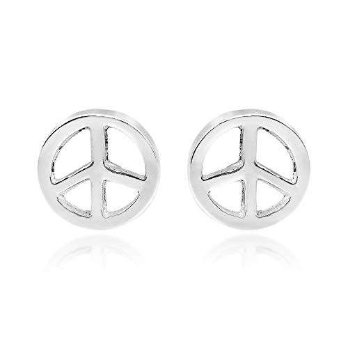Peace Sign Symbol 8 mm Circle 925 Sterling Silver Stud Earrings