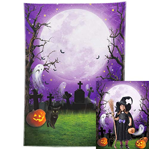 Allenjoy 5x7ft DurableSoft Fabric Halloween Backdrop Moon in Purple Night Sky Ghost Cemetery Pumpkin Lantern Photography Background Horrible Party Supplies Banner Decorations Photo Booth Props