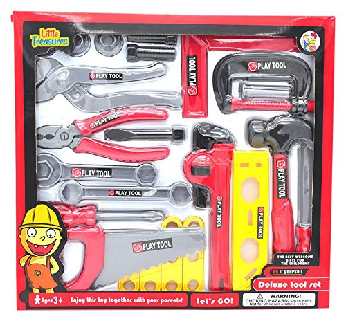 Little Treasures Toy Tools Playset for Kids, Complete with Saw, Level, Stencils, Lug Wrench, Pliers, Wrench, Clamp, Screwdriver, File, Square, Nuts, Bolts and Screws