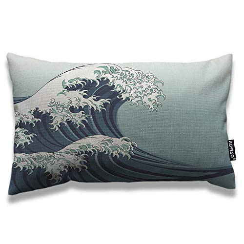 AOYEGO Wave Throw Pillow Cover 12x20 Inch Ocean Sea Great Waves Water Blue Sky Rectangle Pillow Cases Home Decorative Cotton Linen Cushion Cover for Bed Sofa