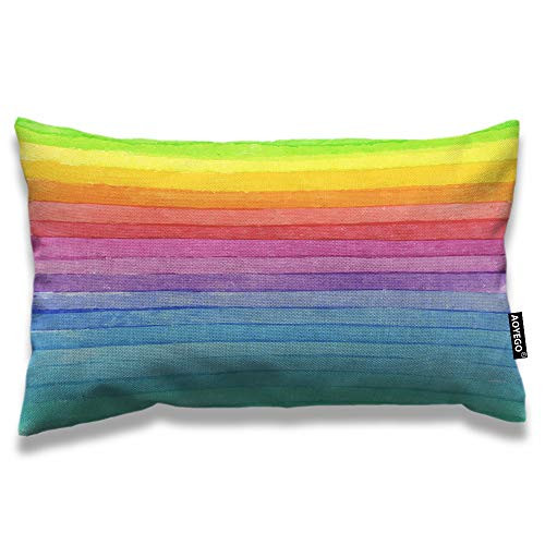 AOYEGO Rainbow Throw Pillow Cover 12x20 Inch LGBT Geometric Summer Colorful Rainbow Stripes Rectangle Pillow Cases Home Decorative Cotton Linen Cushion Cover for Bed Sofa