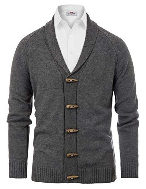 PJ PAUL JONES Mens Knitted Shawl Collar Toggel Wood Buttons Cardigan Sweater Dark Grey S