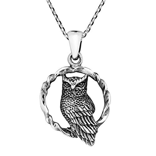 AeraVida Twisted Circle Sitting Wise Owl 925 Sterling Silver Pendant Necklace