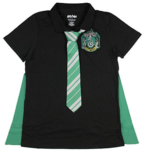 Bioworld Harry Potter Juniors Slytherin Caped Polo Shirt with Tie Large Black
