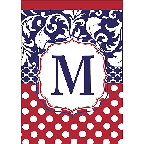 Monogram M Red White Polka Dot and Filigree Blue 18 x 13 Rectangular Applique Small Garden Flag