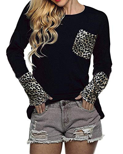 POGTMM Womens Long Sleeve ONeck Patchwork Casual Loose TShirts Blouse Tunic Tops with Thumb Holes L BBLeopard