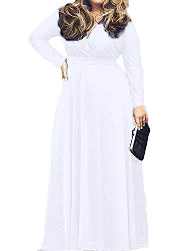 POSESHE Womens Solid VNeck Long Sleeve Plus Size Evening Party Maxi Dress White 3XLarge