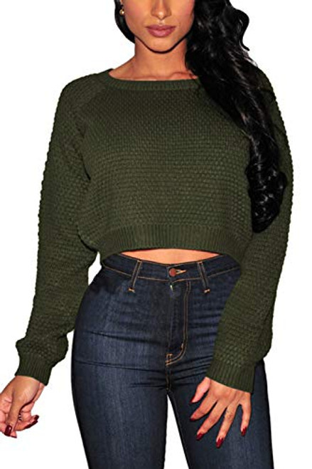 Pink Queen Womens SweaterLong Sleeve Knit Pullover Crop Top Army Green Size S