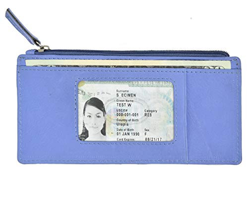 Leatherboss Genuine Leather All in One Card Case Holder Slim Wallet With a Card Protection Strap Saphire