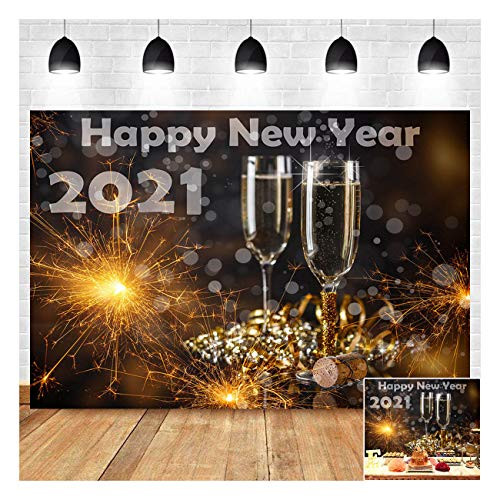 2021 Happy New Year Theme Photography Backdrops 7X5ft Champagne Toast Fireworks Happy New Year Eve Xmas Celebration Photo Background Baby Shower Birthday Family Photos Decor Prop Banner Vinyl