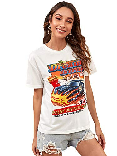 Verdusa Womens Slogan Graphic Short Sleeve Basic Tee Shirt Top White S