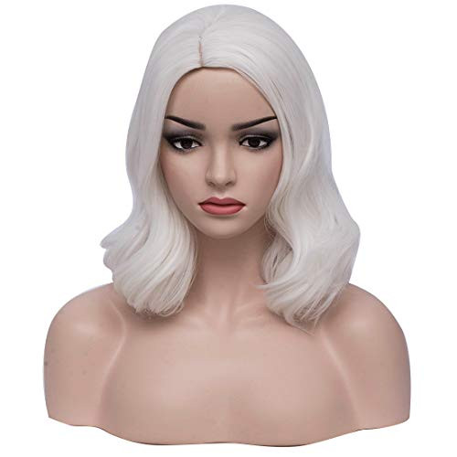 BERON Womens Short Curly White Wig Halloween Cosplay Wig Daily Use Bob Costume Wig White