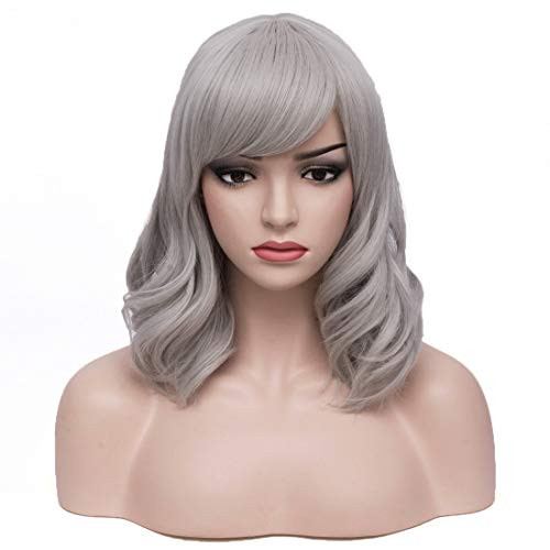 BERON Womens Short Grey Wavy Bob Wig Curly Wig with Bangs Halloween Cosplay Wig Daily Use Synthetic Wigs Silver Grey