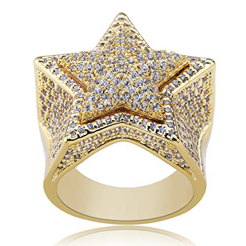 TOPGRILLZ 14K Gold Plated Iced Out CZ Simulated Diamond Flooded 3D Star Punky Ring for Men Engagement Hip Hop Jewelry Gold 9