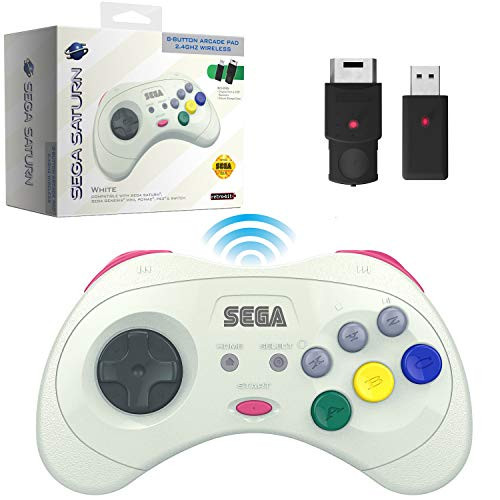 RetroBit Official Sega Saturn 24 GHz Wireless Controller 8Button Arcade Pad for Sega Saturn Sega Genesis Mini Switch PS3 PC Mac  Includes 2 Receivers  Storage Case White