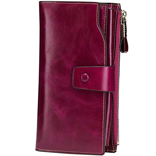 Itslife Womens RFID Blocking Large Capacity Luxury Wax Genuine Leather Cluth Wallet Ladies Card Holder Fuchsia RFID Blocking