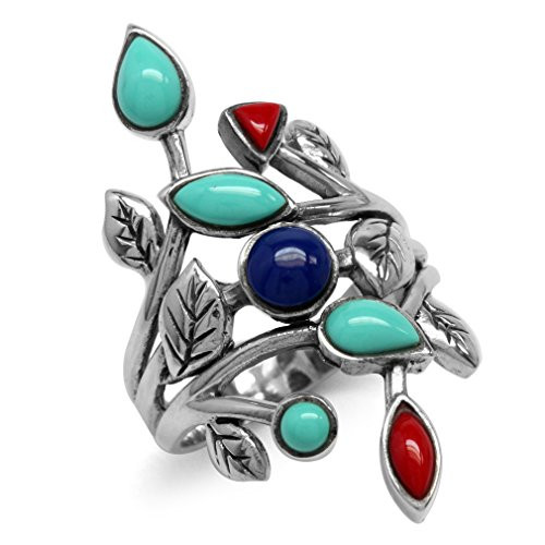 Silvershake Created Green Turquoise Red Coral and Blue Lapis 925 Sterling Silver Leaf Vintage Style Ring Size 9 Silvershake Created Green Turquoise Red Coral and Blue Lapis 925 Sterling Silver Leaf Vintage Style Ring Size 9