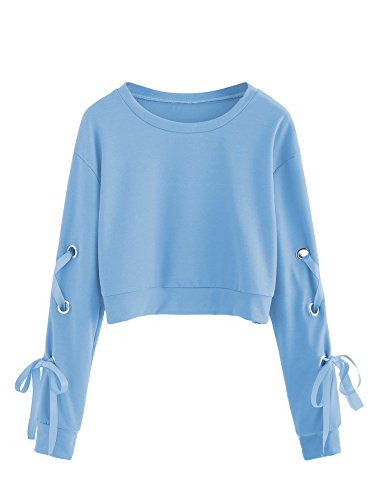 SweatyRocks Womens Casual Lace Up Long Sleeve Pullover Crop Top Sweatshirt Blue Medium