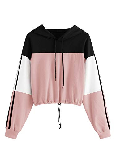 SweatyRocks Womens Casual Long Sleeve Colorblock Pullover Hoodie Sweatshirt Crop Top Black Pink XSmall