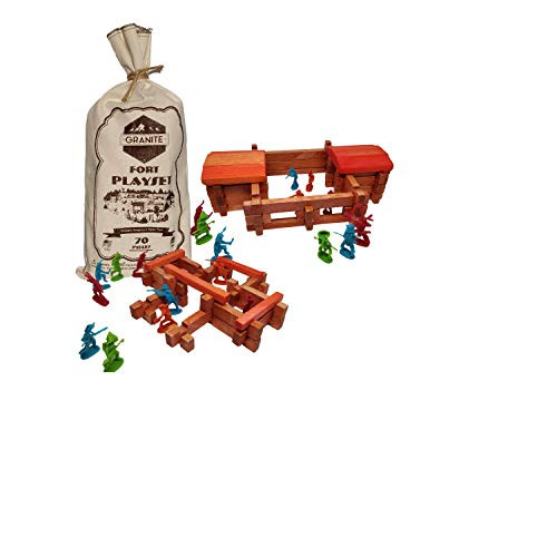 GRANITE MOUNTAIN PRODUCTS Log Fort Building Toy Set with Cowboys and Indians 70 Piece All Wood Log Cabin Building Set with 48 Cowboy and Indian Figures