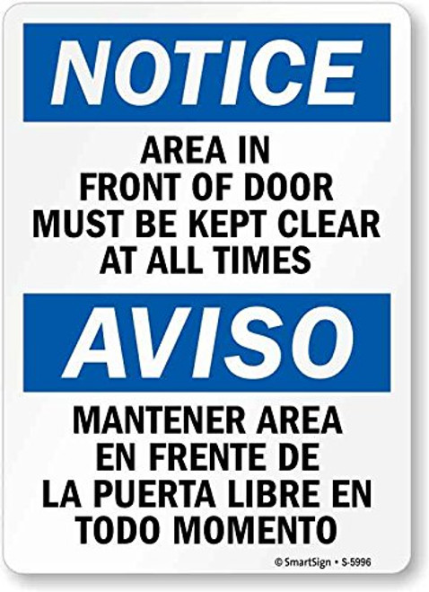 SmartSign Notice Area in Front of Door Must Be Kept Clear at All Times Sign 10 x 14 Plastic SmartSign Notice Area in Front of Door Must Be Kept Clear at All Times Sign 10 x 14 Plastic