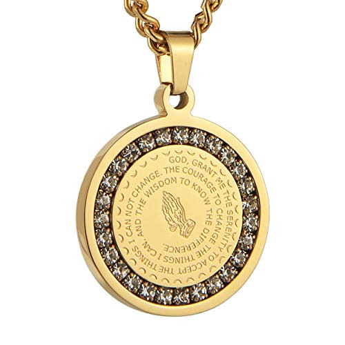 HZMAN Bible Verse Prayer Necklace Christian Jewelry Gold Stainless Steel Praying Hands Coin Medal Pendant CZ Gold