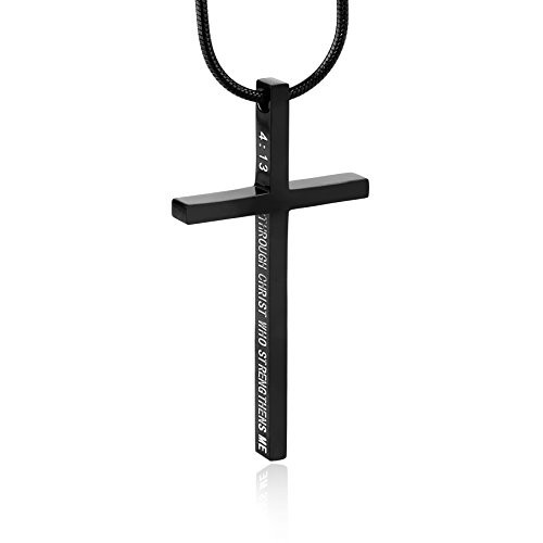 HZMAN Philippians 413 Cross Pendant Strength Bible Verse Stainless Steel Necklace Black