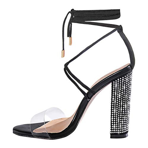 OLCHEE Womens Fashion Rhinestone Block High Heel Sandals  Clear Lace Up Ankle Strap Diamante Heels  Black Size 8