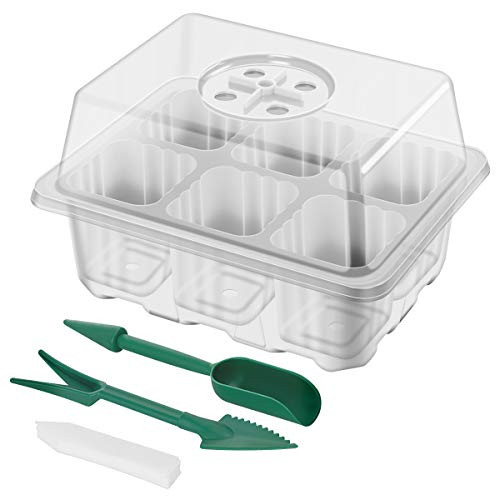 SUNNIOR 3 Set Seedling Starter Tray Fully Transparent Propagator Tray with Humidity Adjustable Dome and Base for Seed Germination and Plant Growth 6 Cells per Tray 10 Labels 2 Transplant Tools