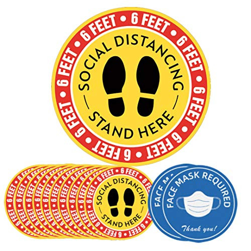 Social Distancing Floor Decals Stickers 10 Pack 12 Safety Floor Sign Marker Stand Here 6 Feet with Footprints Round Distance Sign NonSlip Removable Waterproof for Grocery Pharmacy Supermarket