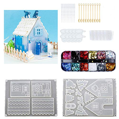 Resin Silicone MoldChristmas Silicon 3D House Resin Art Molds Sets Include 2 Sets of Gingerbread House molds 1 Set Tools for Resin Silicone Mold12 Colors Butterfly Sequins to Decor for Model