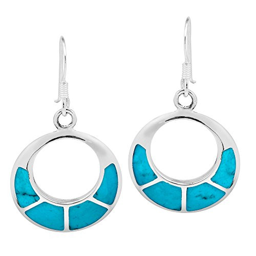 Classy Open Circle Simulated Turquoise Inlaid 925 Sterling Silver Dangle Earrings