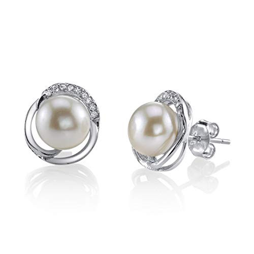 THE PEARL SOURCE 89mm Genuine White Freshwater Cultured Pearl  Cubic Zirconia Johnson Earrings for Women THE PEARL SOURCE 89mm Genuine White Freshwater Cultured Pearl  Cubic Zirconia Johnson Earrings for Women