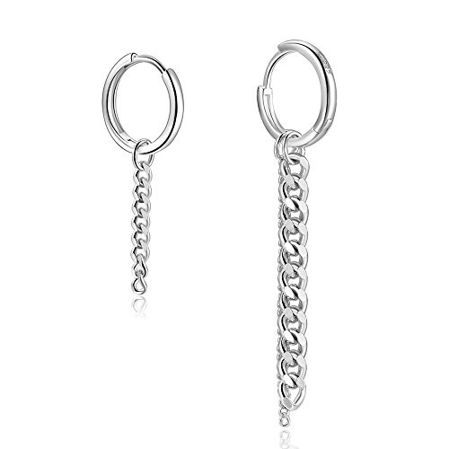 925 Sterling Silver Asymmetrical Circle Chain Dangle Korean Kpop Hinged Hoop Earrings