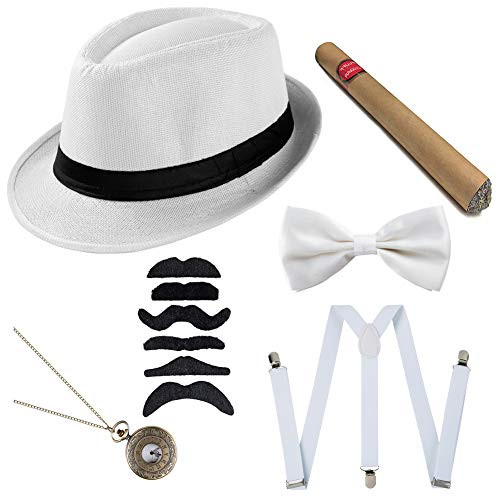 Xuhan Mens Roaring 1920s Great Gatsby Accessories Set Newsboy CapManhattan Hat Suspender Bow Tie BWhite