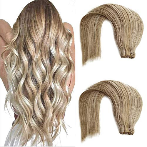 Sew in Hair Extensions Human Hair Weave Bundles Balayage Real Remy Hair Seamless Beige Blonde Highlights Platinum Blonde Silky Straight Can Clip in Tape in Sew in Hair Weft Extensions 12 Inch 80g