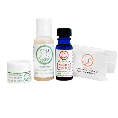 Chidoriya Geiko Skin Care Trial and Travel Set for Dry and or Sensitive Skin with Face Cream Massage and Cleansing Oil Peach Moon Herbal Water and Silk Rice Bran Soap 4 pieces