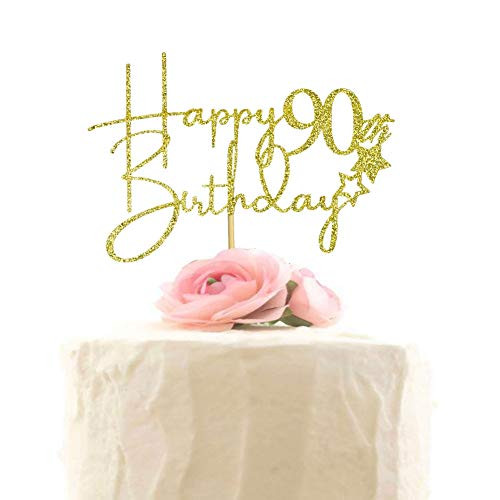 Happy 90th Birthday Cake Topper 90th Anniversary Birthday Party Decorations Gold Glitter