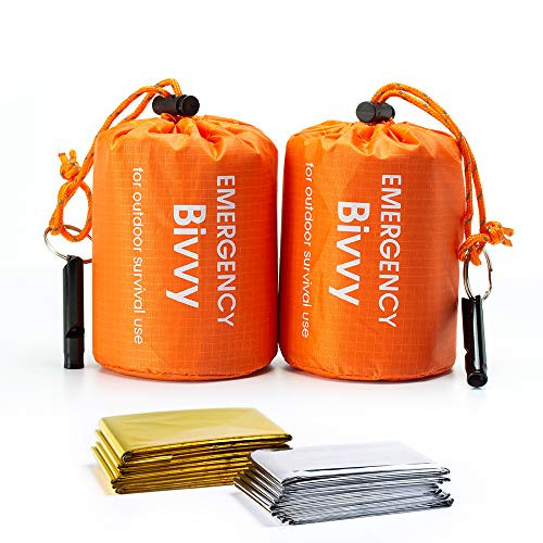 BesWlz Emergency Sleeping Bags 2 Pack Survival Sleeping Bags with Survival WhistleWaterproof Portable Bivvy Sack Survival Gear for Outdoor Camping Hiking with 2 PCS Thermal Emergency Blankets