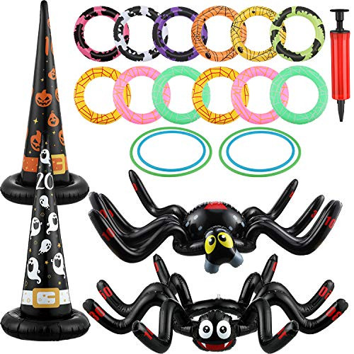 23 Pieces Halloween Inflatable Spiders Ring Toss Game Set Ring Toss Game Halloween Game Include Inflatable Witch Hat 2 Pieces Inflatable Spiders and Pump Halloween Party Favors Indoors Outdoors Game