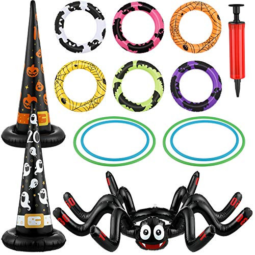 14 Pieces Halloween Inflatable Spiders Ring Toss Game Set Halloween Ring Toss Game Include Inflatable Witch Hat Inflatable Spiders and Pump Halloween Party Favors Indoors Outdoors Party Game