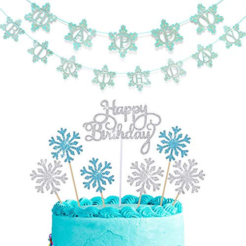 9 Pieces Snowflake Happy Birthday Banners Winter Wonderland Snow Princess Themed Birthday Banner Cake Topper Snowflake Decoration Toppers for Girls Snow Frozen Theme Party Christmas Birthday Party
