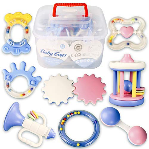 AIVIAI Baby Rattles and Teethers Toys 8 PCS Grab Infant Toy Various Shapes Rattle Gift Set with Storage Box for Infants Newborn Toddler Babies Boys Girls 0 3 6 9 12 Months
