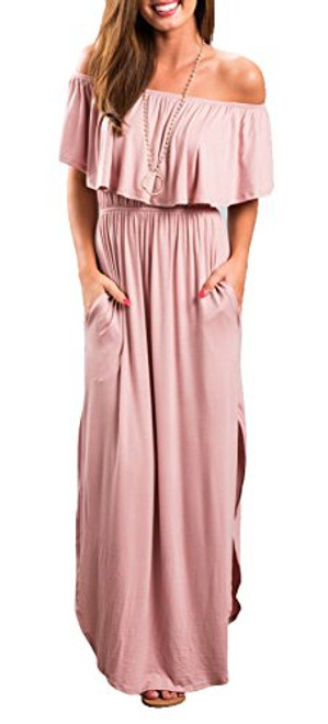 Womens Off The Shoulder Ruffle Party Dress Side Split Beach Long Maxi Dresses Pink L