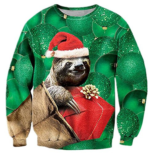 RAISEVERN Men Women Ugly Christmas Sweater Xmas Sweatshirt Green Santa Sloth Gift Print Xmas Pullover Sweatshirt for Women Men